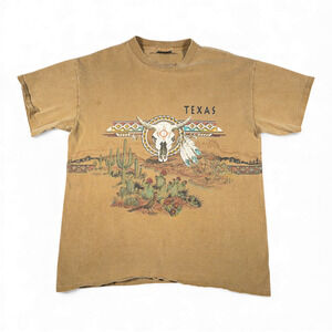 Vintage Texas Shirt Adult MEDIUM Brown Southwest Steer Skull Desert Cactus 90s